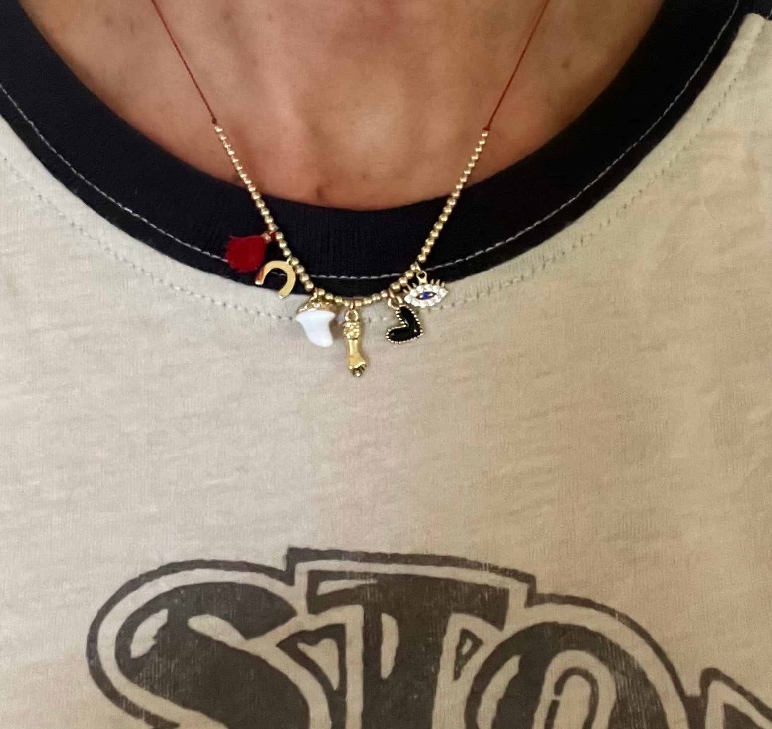 Red String/Gold Beaded Multi-Charm Necklace