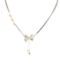 Silver Bow Pearl Necklace