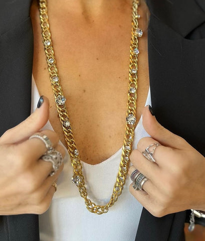 Long Gold Crystal Chain Necklace