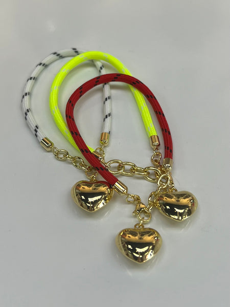 Gold Puffy Heart Striped Cord Bracelet