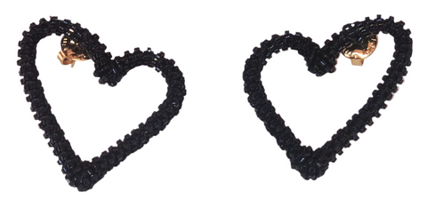 Black Beaded Heart Stud Earrings