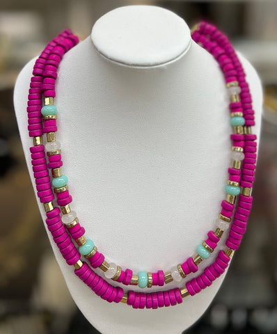Hot Pink/Turquoise Beaded Necklace