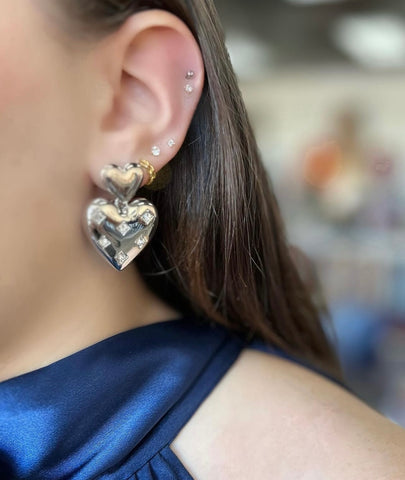 Silver Rhinestone Puffy Heart Earrings