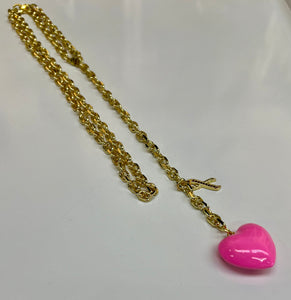 Pink Ribbon Puffy Heart Lariat Necklace