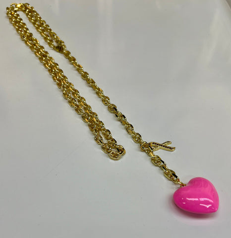 Pink Ribbon Puffy Heart Lariat Necklace