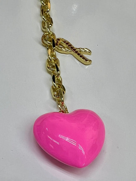 Pink Ribbon Puffy Heart Lariat Necklace