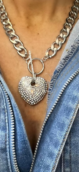 Rhinestone Puffy Heart Toggle Necklace