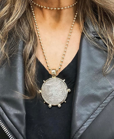 Long Mixed Metal Large Coin Medallion Necklace