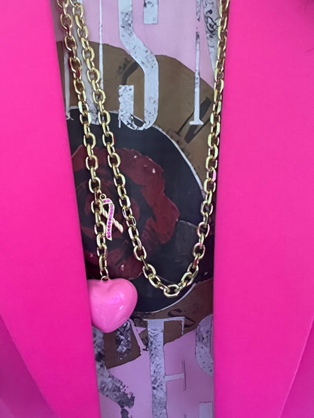 Pink Ribbon Puffy Heart Lariat Necklace