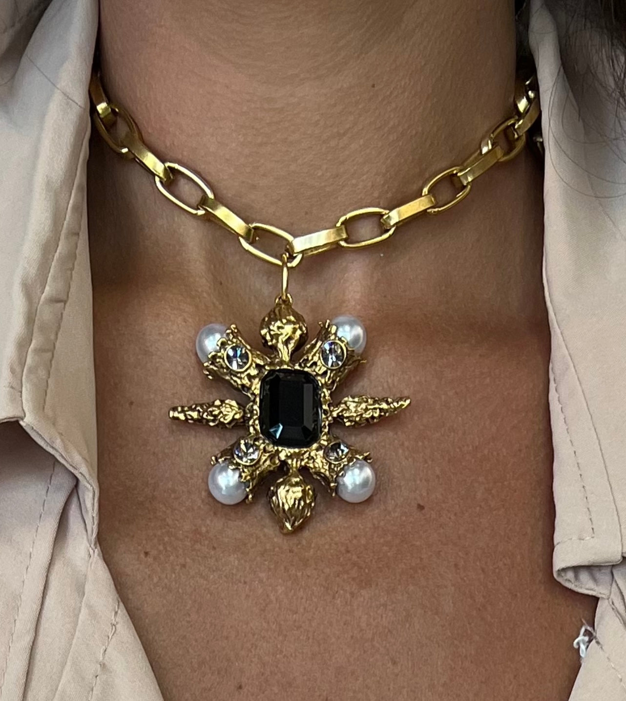 Gold Pearl Starburst Pendant Necklace