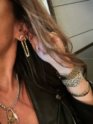 Diamond Mini Huggie & Prong Set Chain Stud Earring