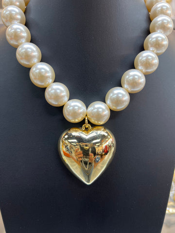Gold Puffy Heart Pearl Necklace