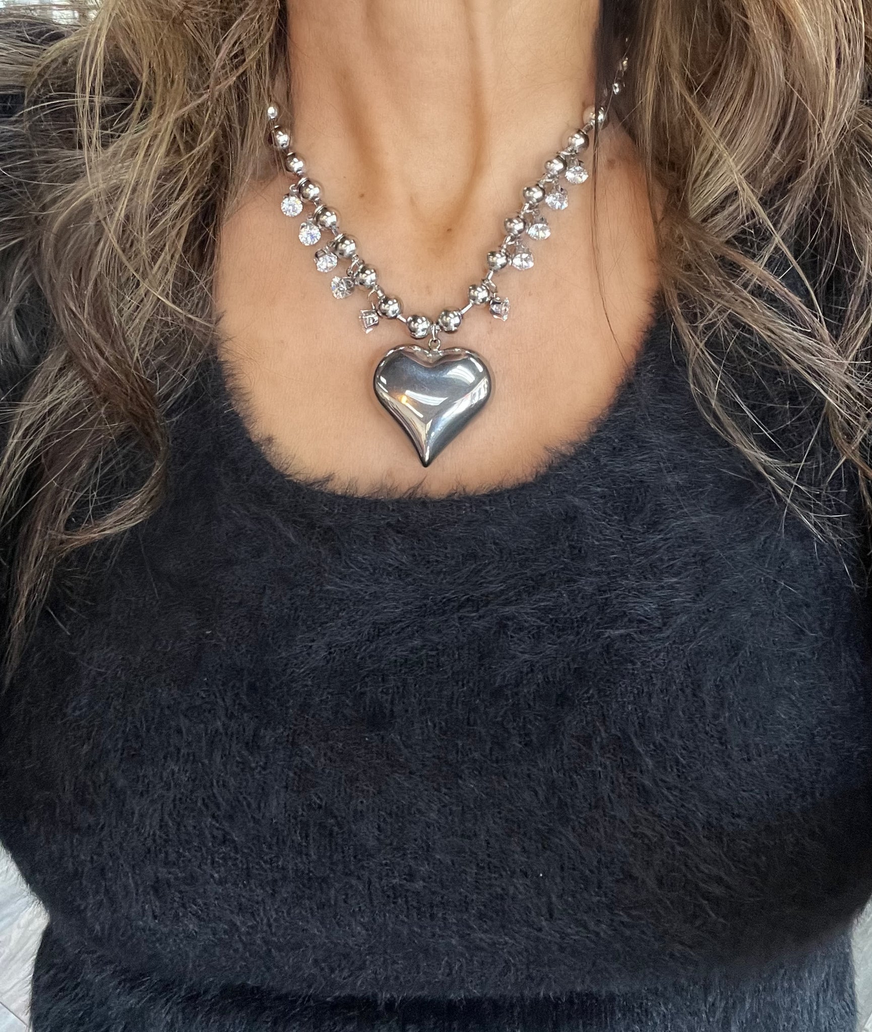 Silver Sparkly Puffy Heart Necklace