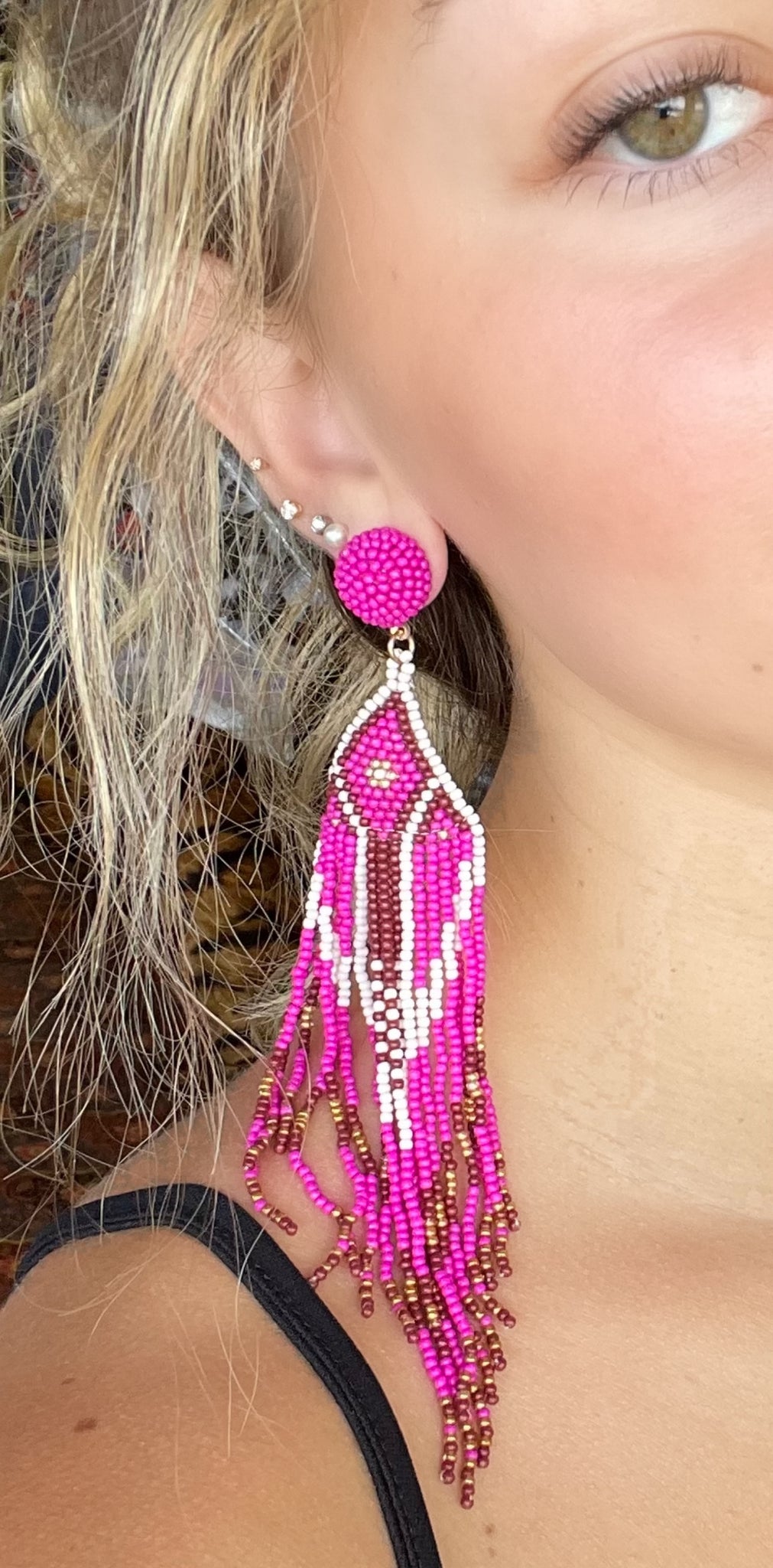 Hot Pink/Brown Beaded Hanging Earrings