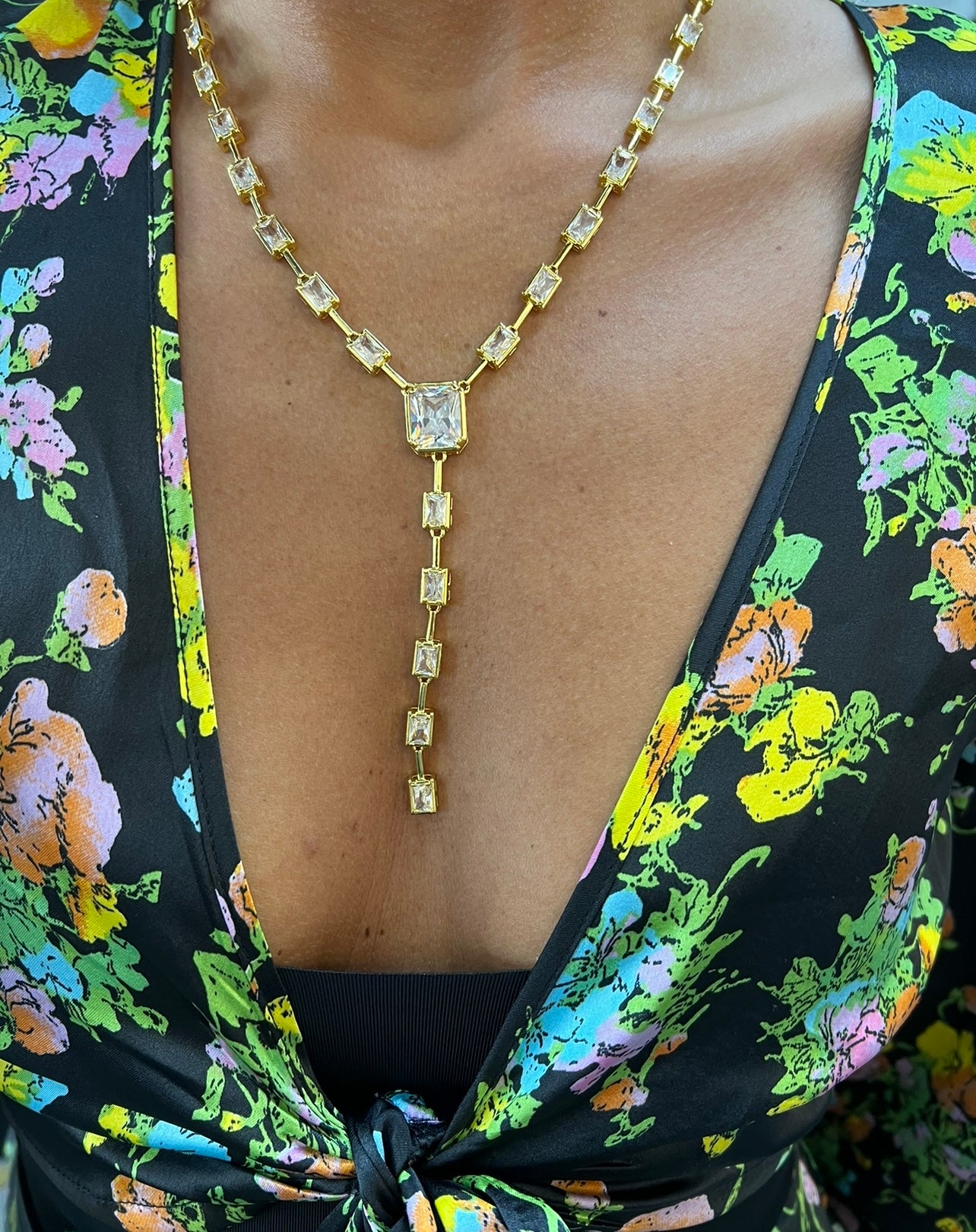 Gold Rhinestone Lariat Necklace