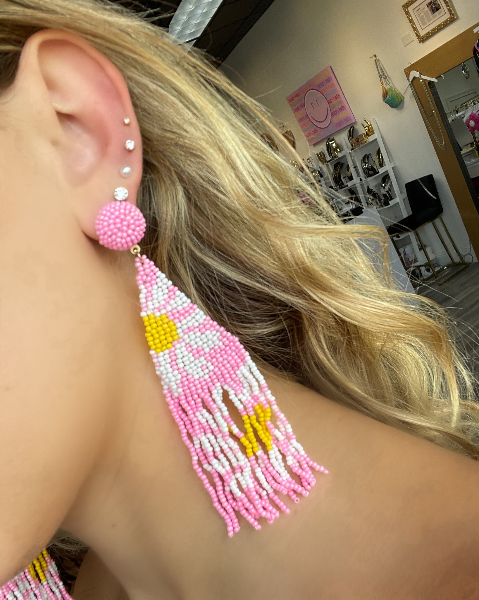 Pink Flower Hanging Beaded Earrings