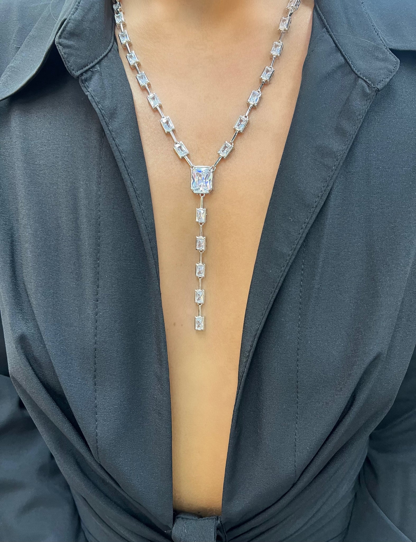 Silver Rhinestone Lariat Necklace